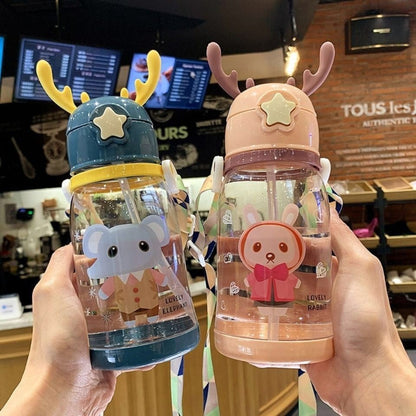 Children's Water Cup Kindergarten Primary School Baby Drop-resistant Cup Cute Girl's Antlers Water Pot Bag Straw Coke Bottle